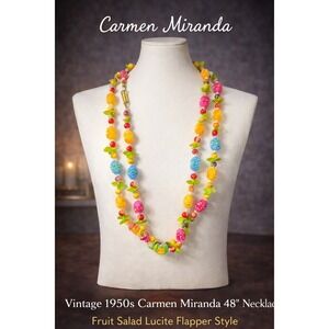 Vintage 1950s Carmen Miranda 48" Necklace Fruit Salad Lucite Flapper Style Multi